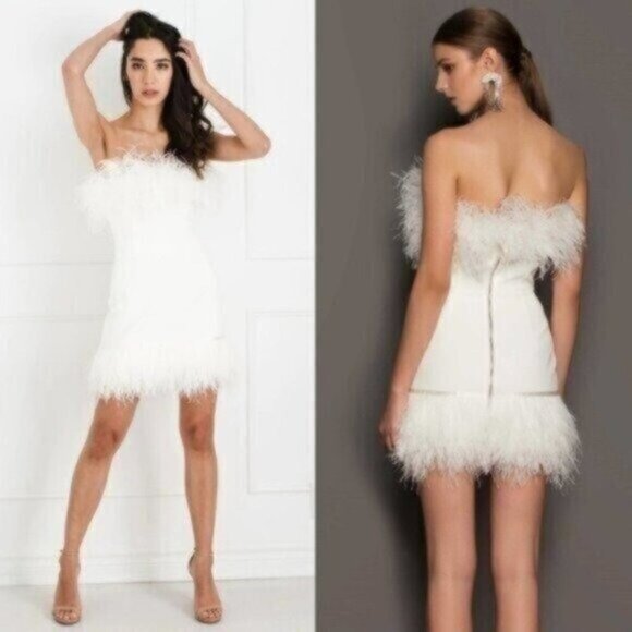 Bronx and Banco Lola Feather White Ivory Bridal Strapless Mini Dress Size S - Picture 2 of 15